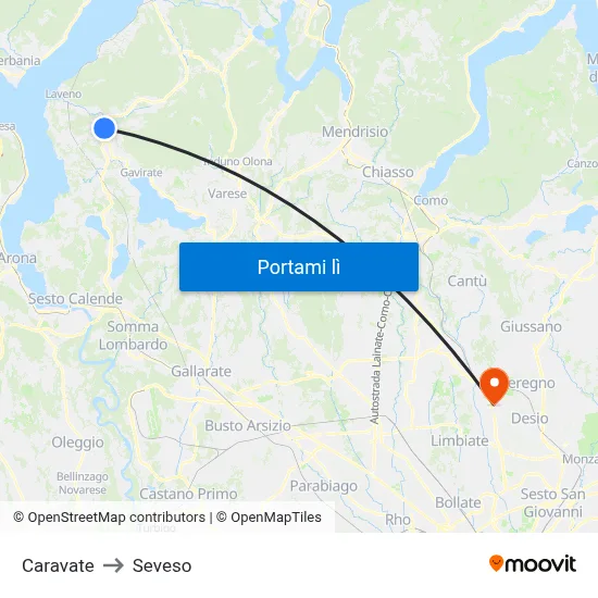Caravate to Seveso map