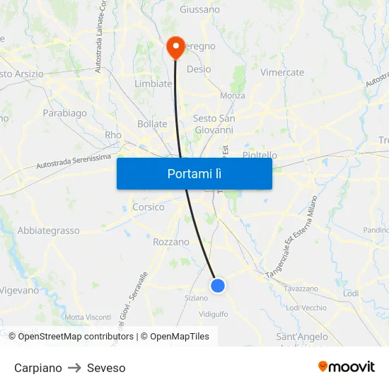 Carpiano to Seveso map