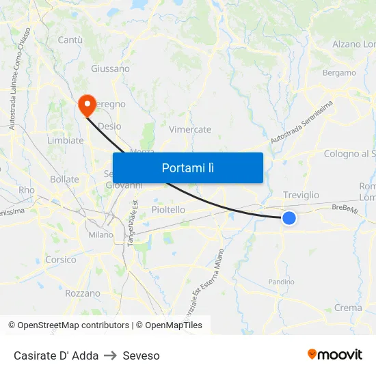 Casirate D' Adda to Seveso map