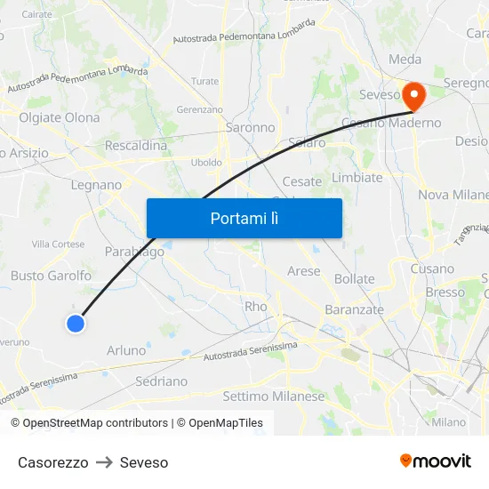 Casorezzo to Seveso map