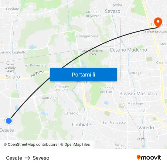 Cesate to Seveso map