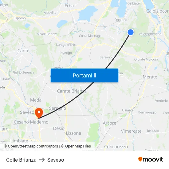 Colle Brianza to Seveso map