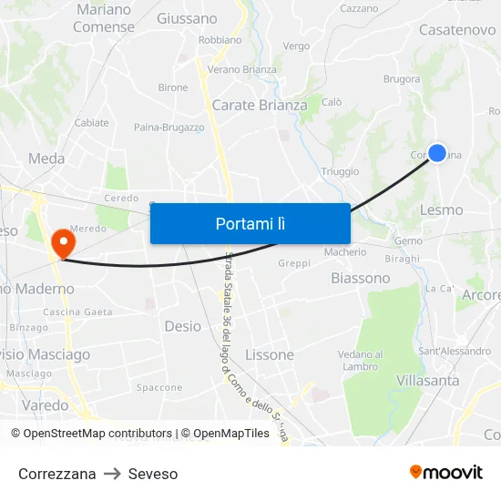 Correzzana to Seveso map