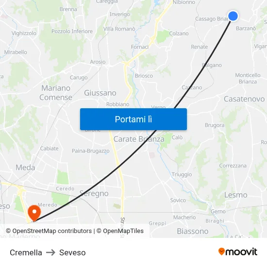 Cremella to Seveso map