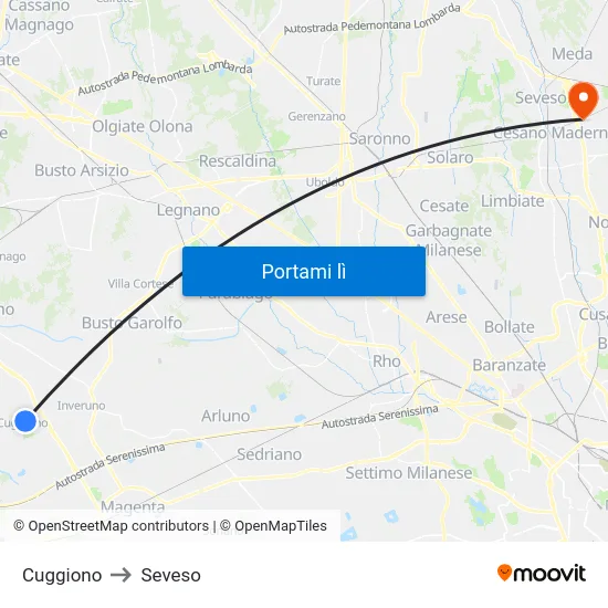 Cuggiono to Seveso map