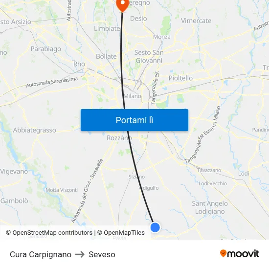 Cura Carpignano to Seveso map