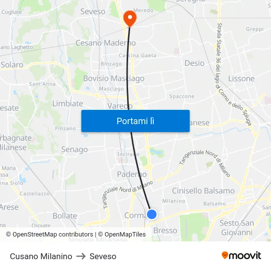 Cusano Milanino to Seveso map