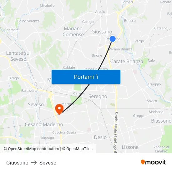 Giussano to Seveso map
