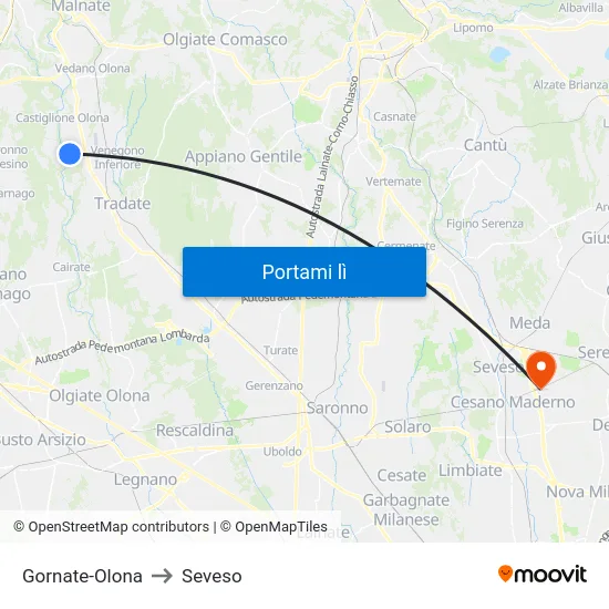 Gornate-Olona to Seveso map