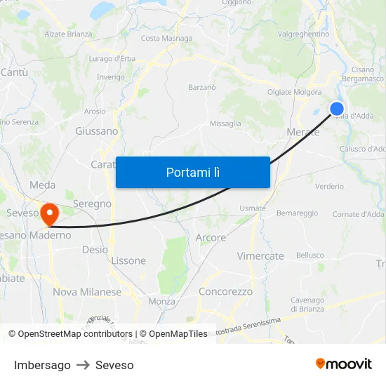Imbersago to Seveso map