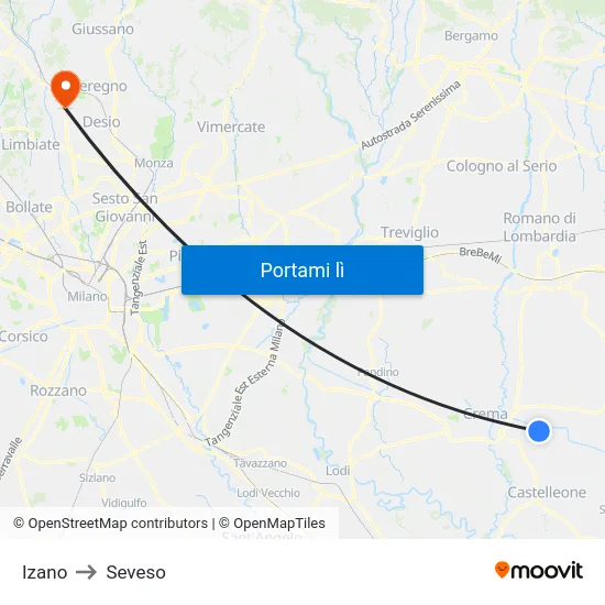 Izano to Seveso map