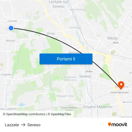 Lazzate to Seveso map