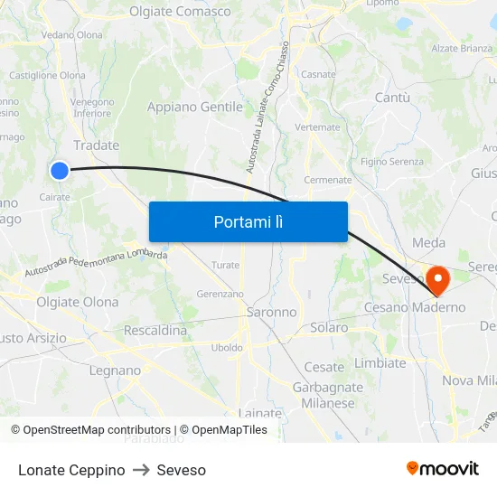 Lonate Ceppino to Seveso map