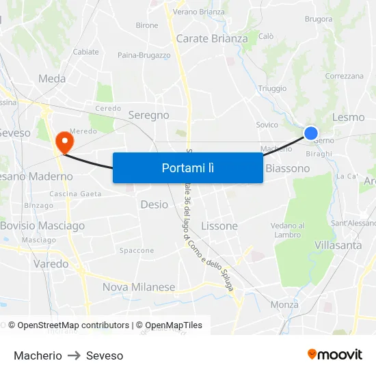 Macherio to Seveso map