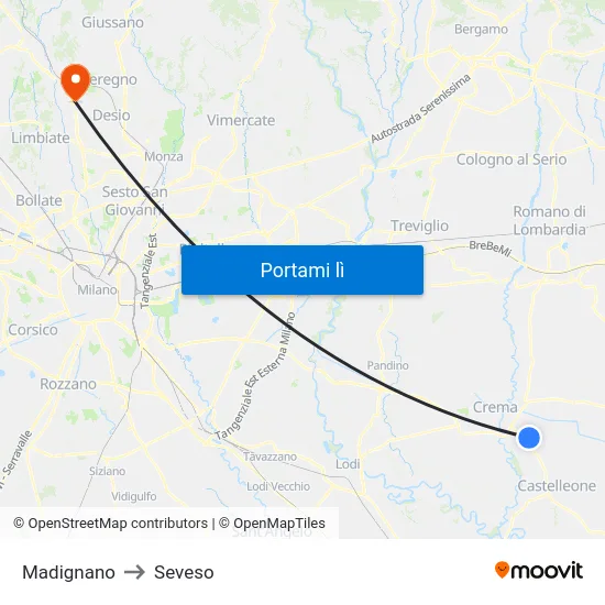 Madignano to Seveso map