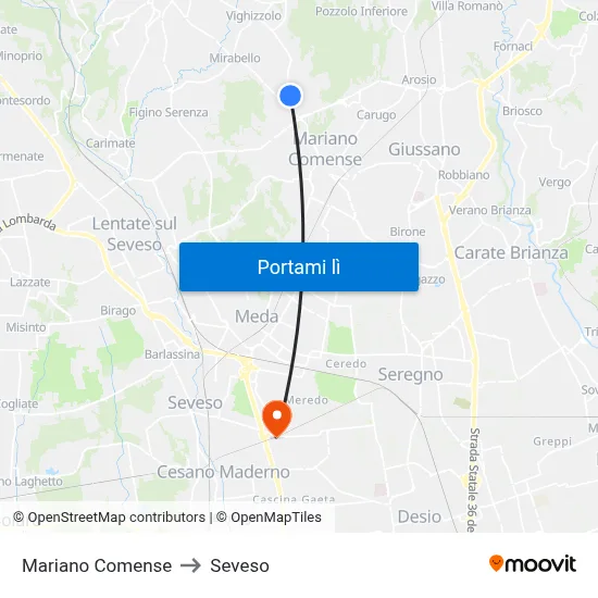 Mariano Comense to Seveso map