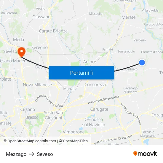 Mezzago to Seveso map