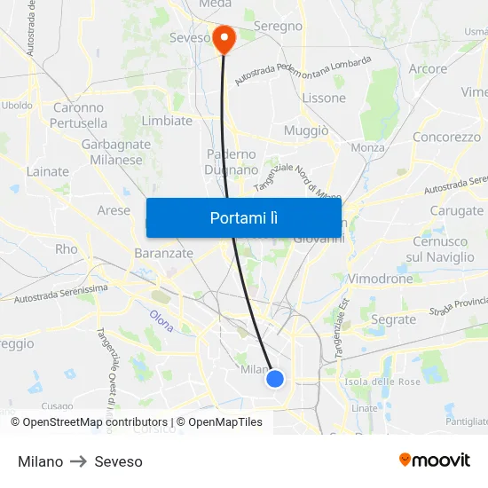 Milano to Seveso map