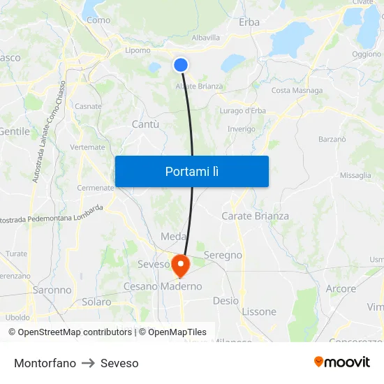Montorfano to Seveso map