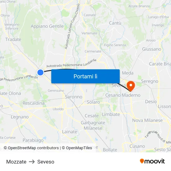 Mozzate to Seveso map