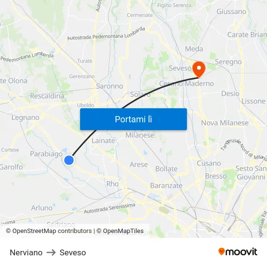 Nerviano to Seveso map