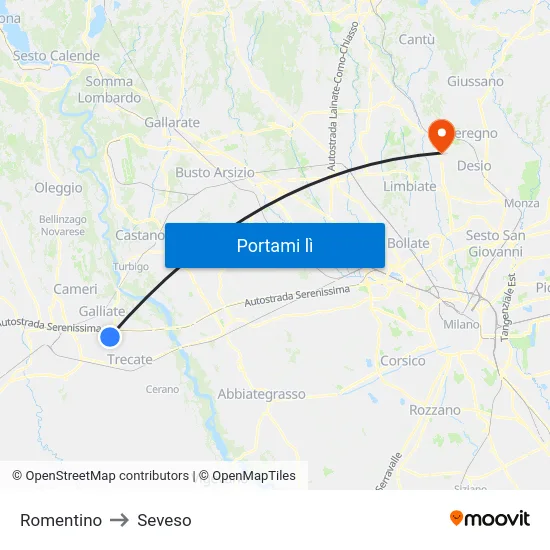 Romentino to Seveso map