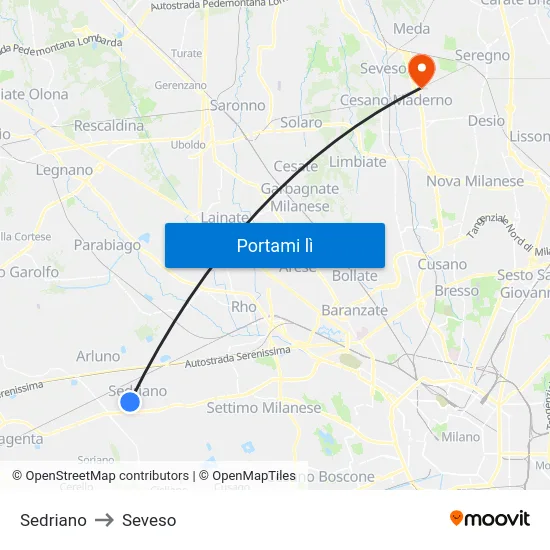 Sedriano to Seveso map