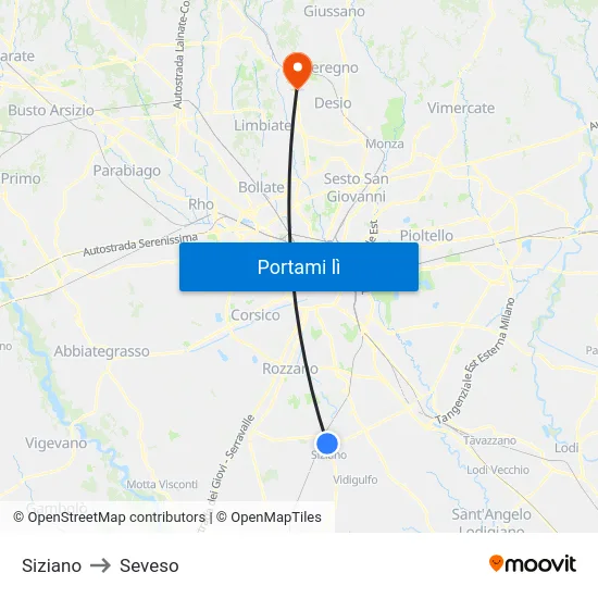 Siziano to Seveso map