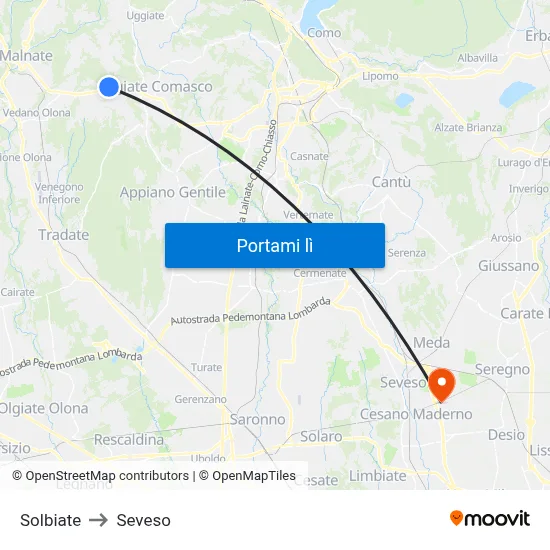 Solbiate to Seveso map