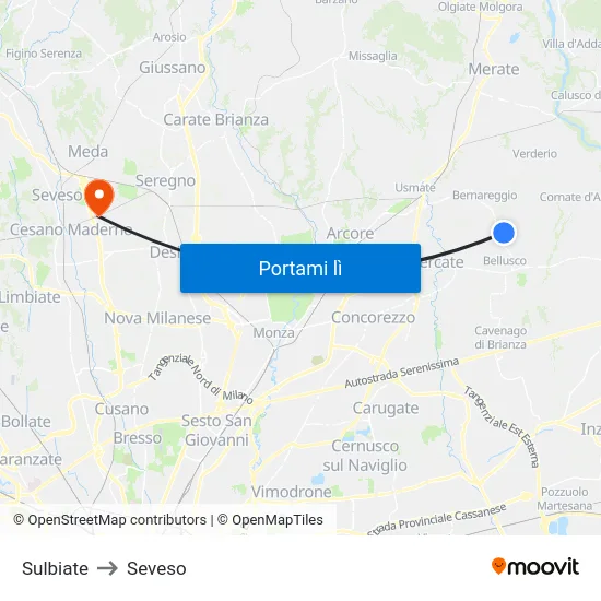 Sulbiate to Seveso map