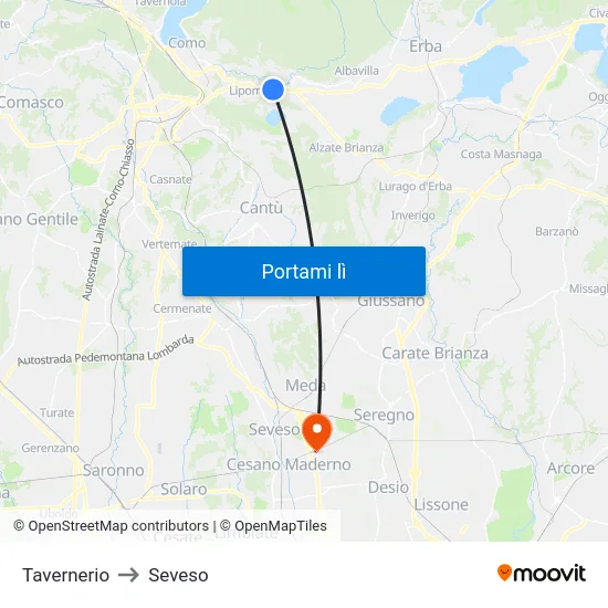 Tavernerio to Seveso map