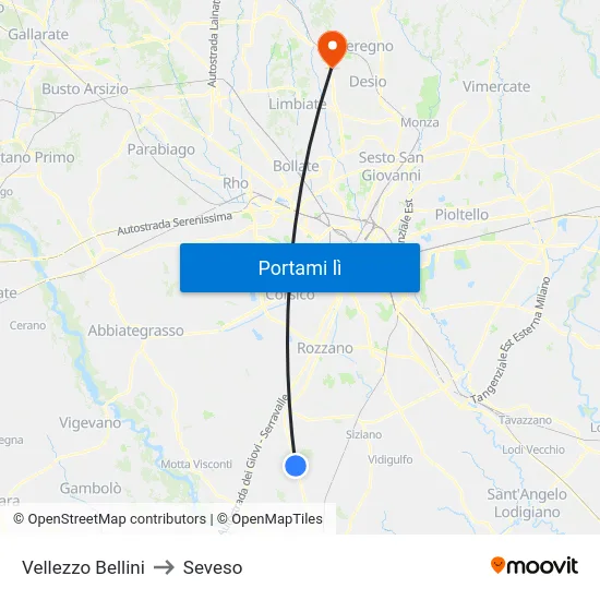 Vellezzo Bellini to Seveso map