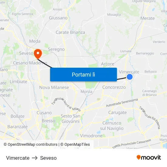 Vimercate to Seveso map