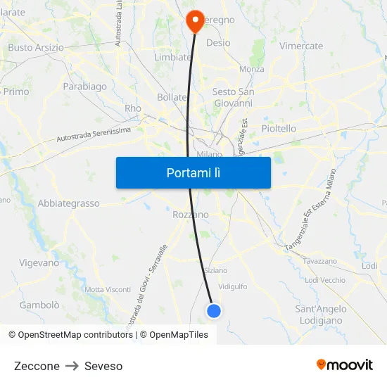 Zeccone to Seveso map