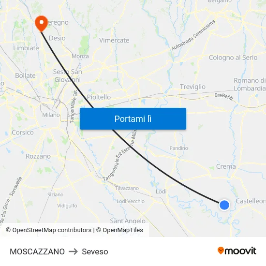MOSCAZZANO to Seveso map