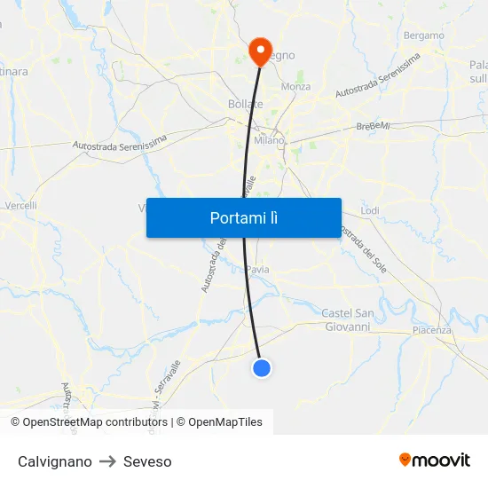 Calvignano to Seveso map