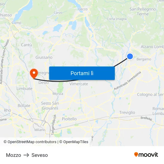 Mozzo to Seveso map