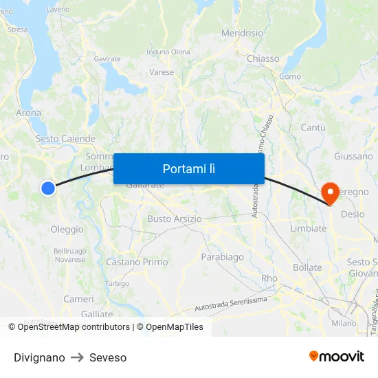 Divignano to Seveso map