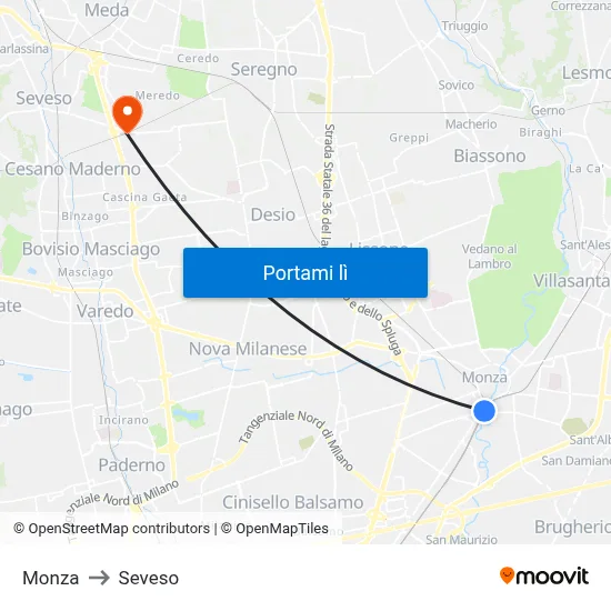 Monza to Seveso map