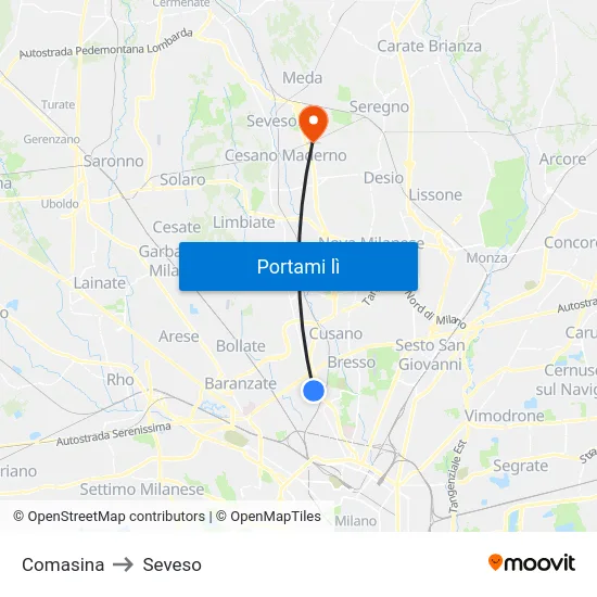 Comasina to Seveso map