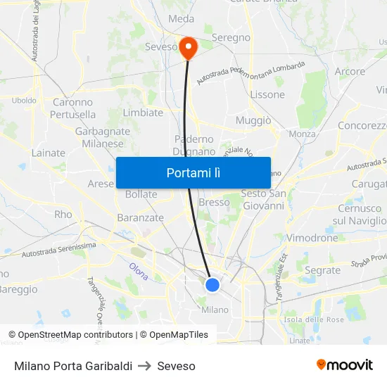 Milano Porta Garibaldi to Seveso map