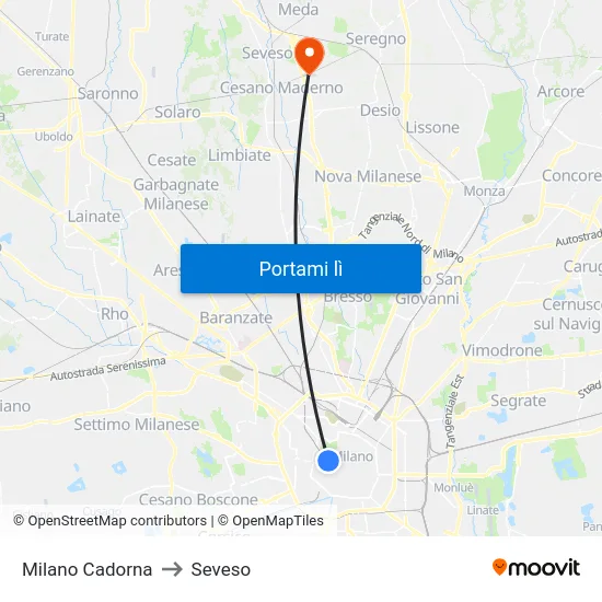 Milano Cadorna to Seveso map