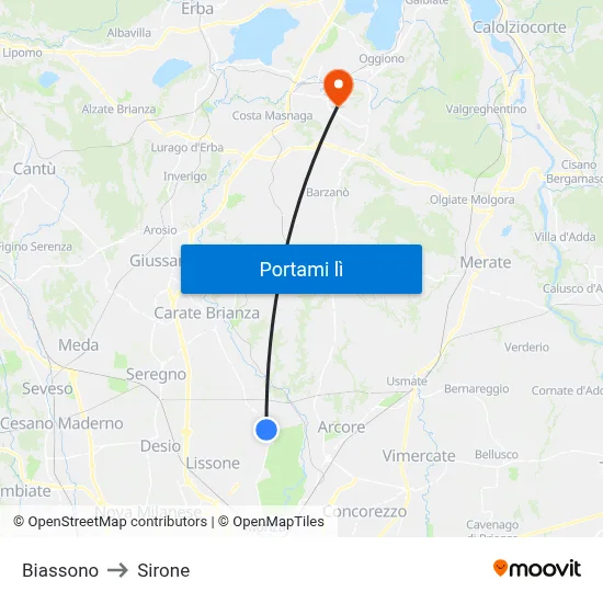 Biassono to Sirone map