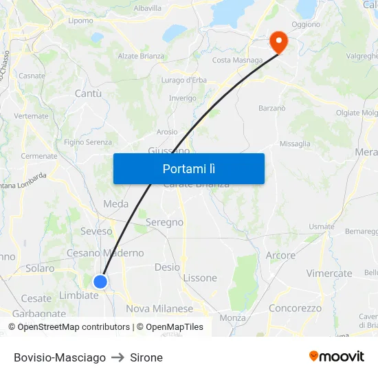 Bovisio-Masciago to Sirone map
