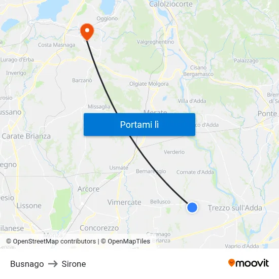 Busnago to Sirone map