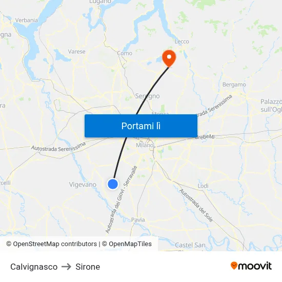 Calvignasco to Sirone map