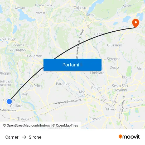 Cameri to Sirone map