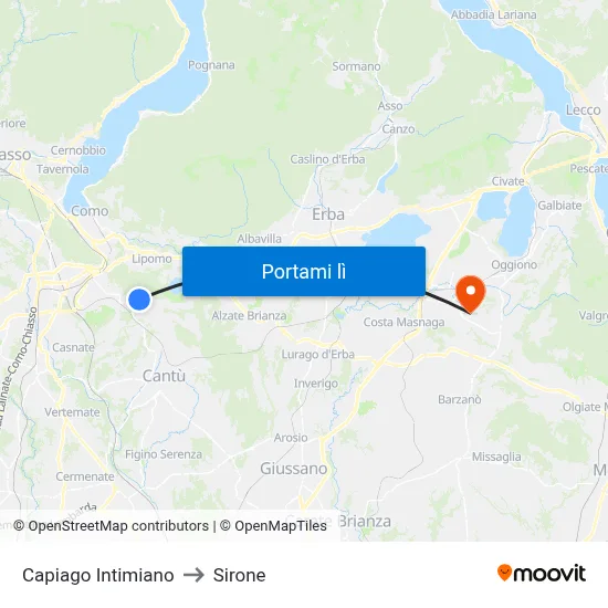 Capiago Intimiano to Sirone map