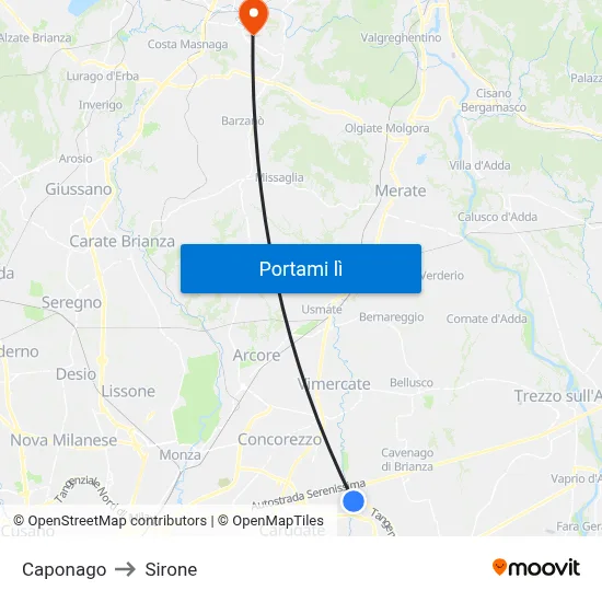 Caponago to Sirone map