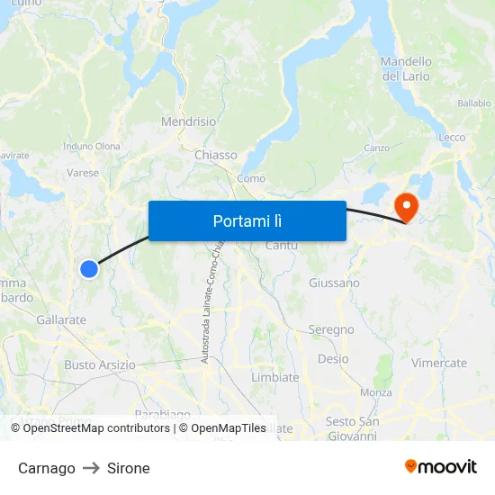 Carnago to Sirone map